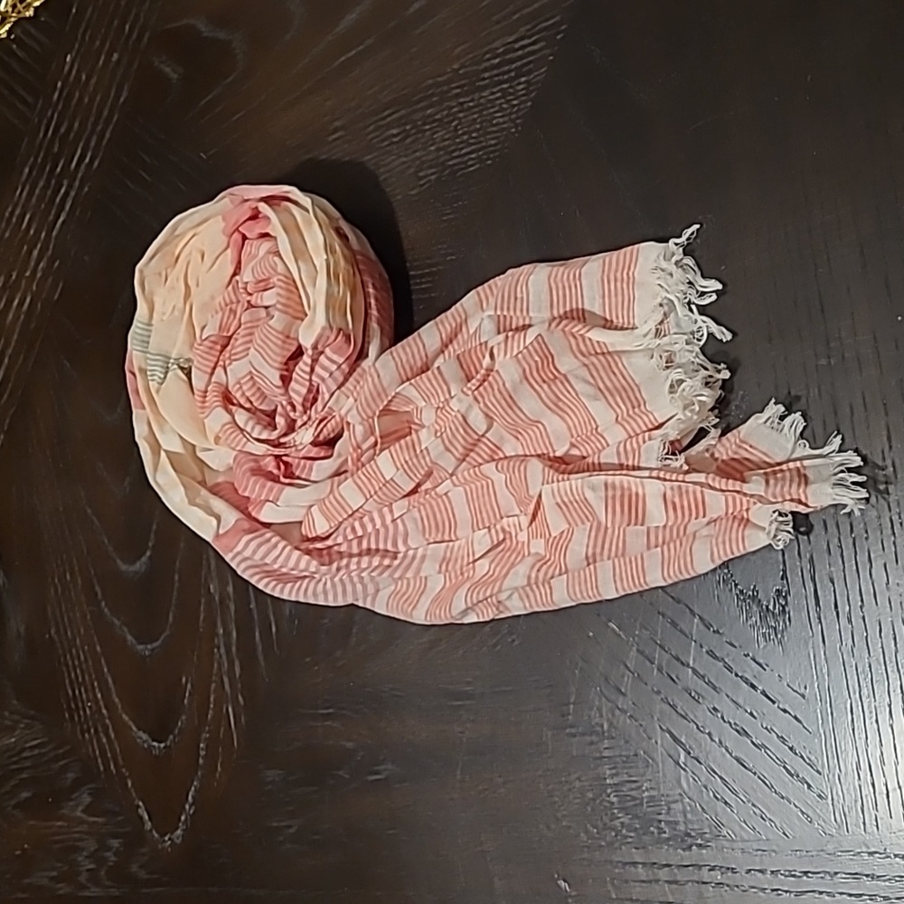 Cream, Pink, Peach and small blue lined Scarf- lightweight